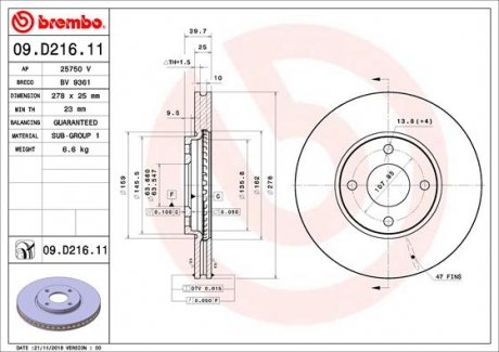 Вентилируемый тормозной диск brembo 09.D216.11