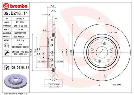 Вентилируемый тормозной диск brembo 09.D218.11