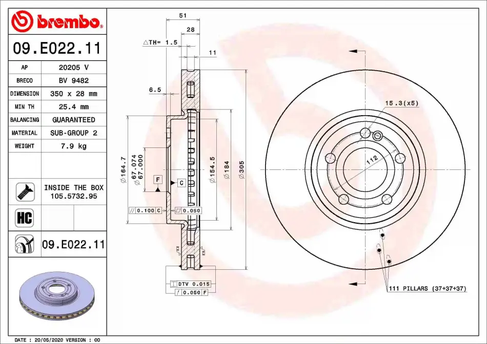 Вентильований гальмівний диск Brembo 09E02211 (фото 1)