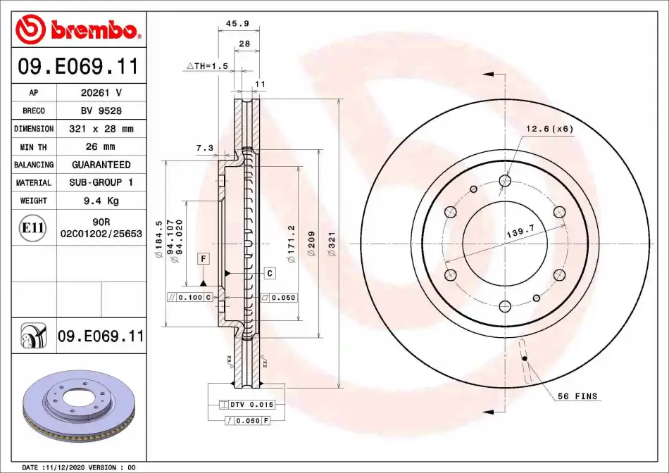 Вентильований гальмівний диск Brembo 09E06911 (фото 1)