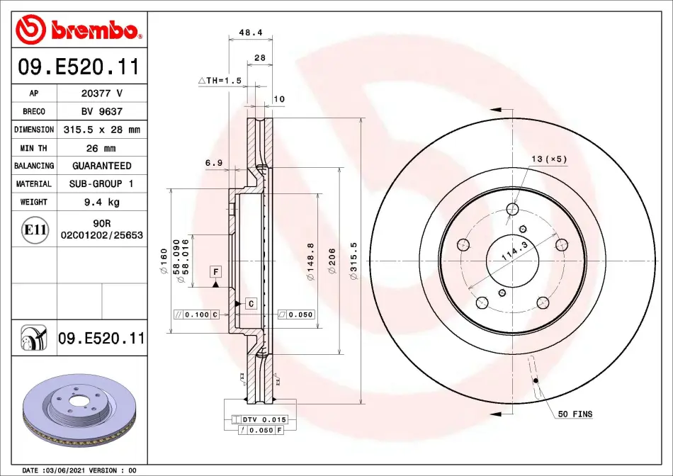 Вентильований гальмівний диск Brembo 09E52011 (фото 1)