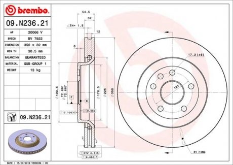Вентилируемый тормозной диск brembo 09N23621