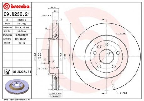 Вентильований гальмівний диск brembo 09N23621 на Jeep Grand Cherokee