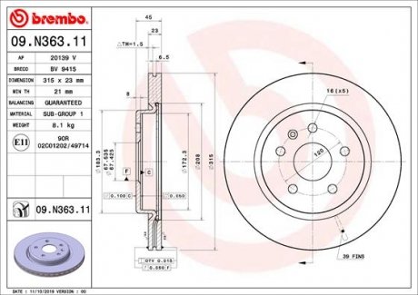 Вентильований гальмівний диск brembo 09.N363.11