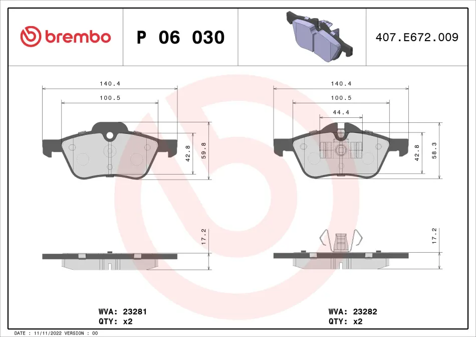 Передние тормозные колодки brembo P06 030