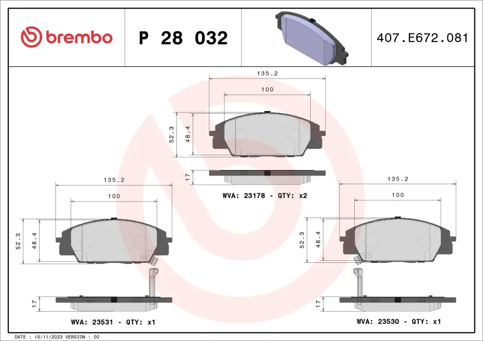 Передние тормозные колодки brembo P28032