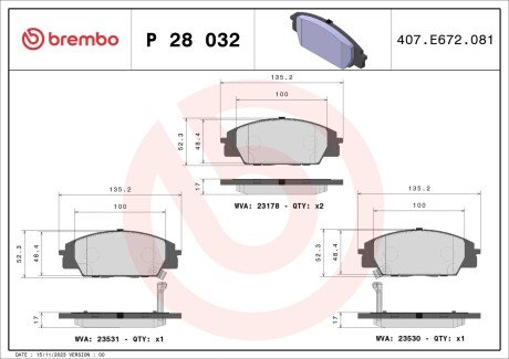 Передні тормозні (гальмівні) колодки brembo P28032 на Хонда Цивик