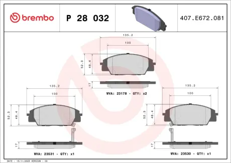 Передние тормозные колодки brembo P28032