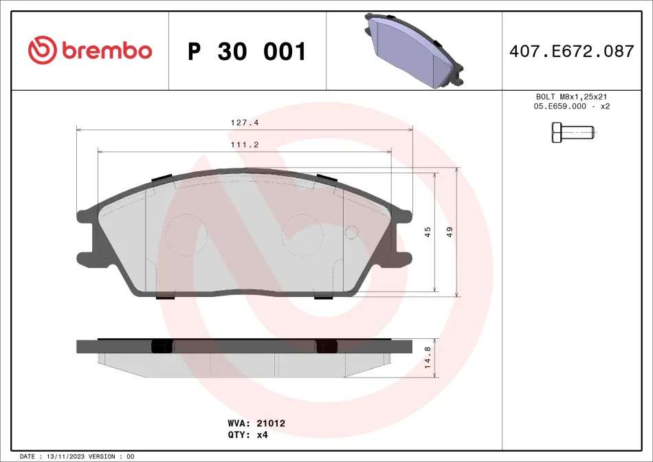 Передние тормозные колодки brembo P30 001