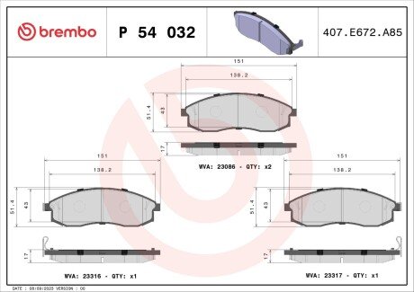 Передние тормозные колодки brembo P54 032