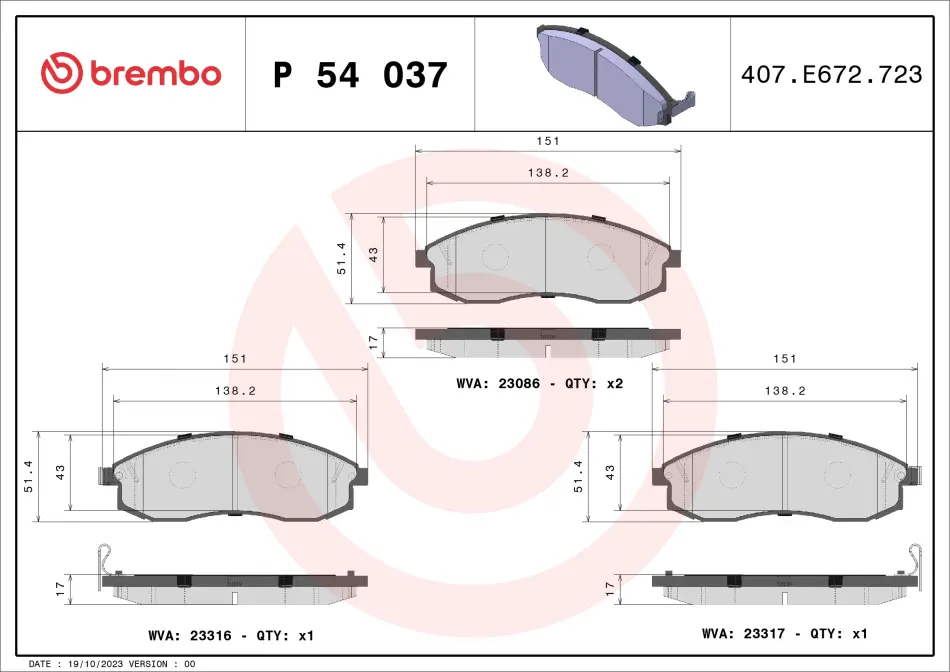 Передние тормозные колодки brembo P54037