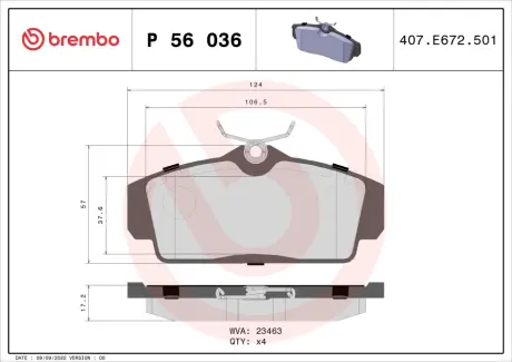 Передние тормозные колодки brembo P56036