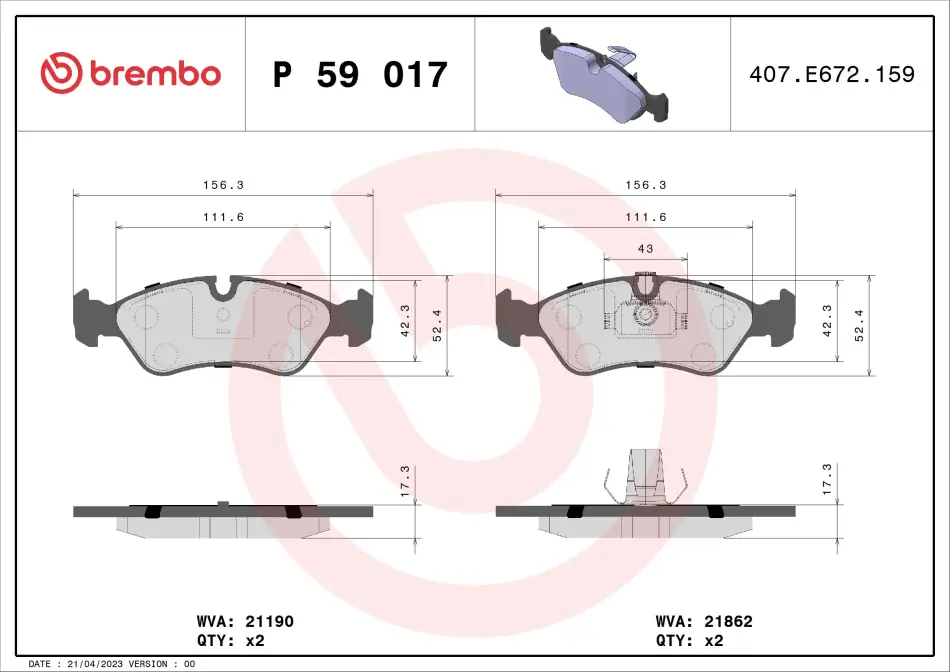 Передние тормозные колодки brembo P59017