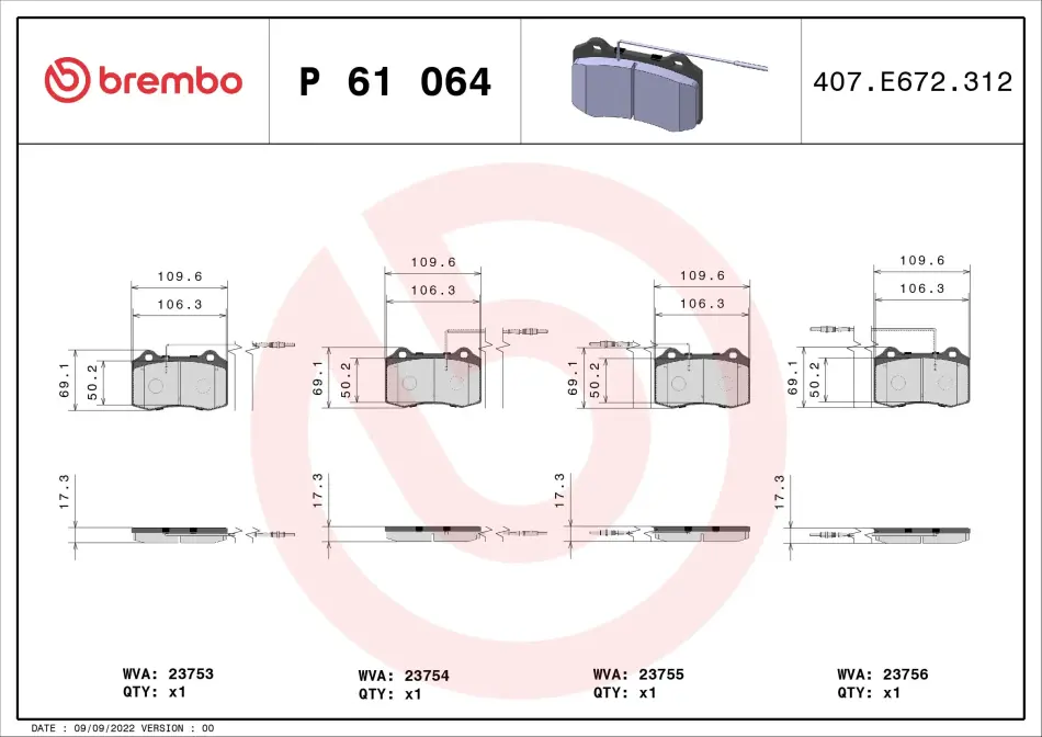 Передні тормозні (гальмівні) колодки Brembo P61 064 (фото 1)