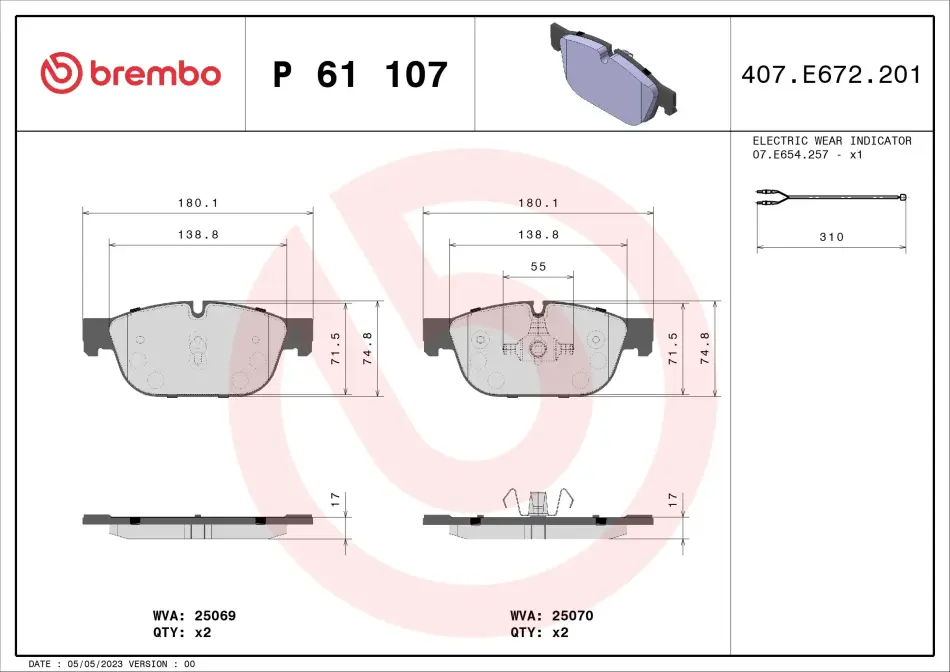 Передние тормозные колодки brembo P61 107