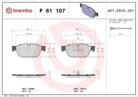 Передні тормозні (гальмівні) колодки Brembo P61 107
