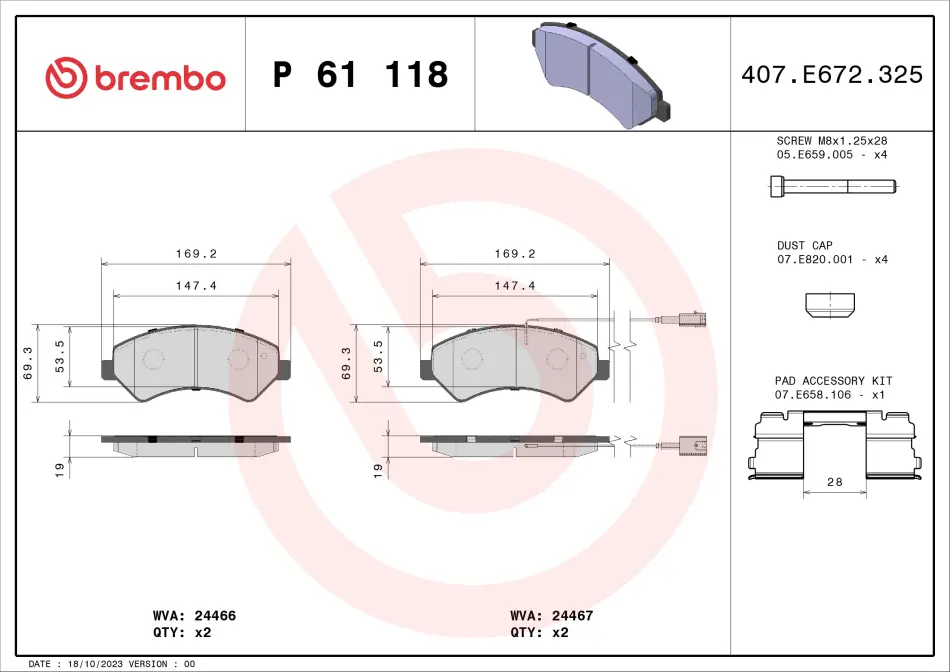 Передні тормозні (гальмівні) колодки Brembo P61 118 (фото 1)