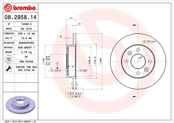 Передний тормозной диск brembo 08.2958.14