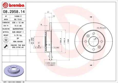 Передний тормозной диск brembo 08.2958.14