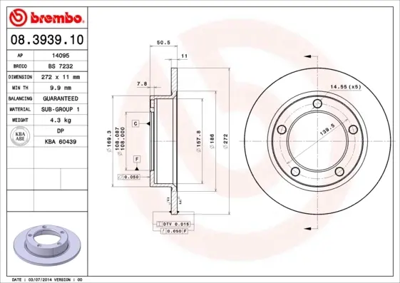 Передний тормозной диск brembo 08393910