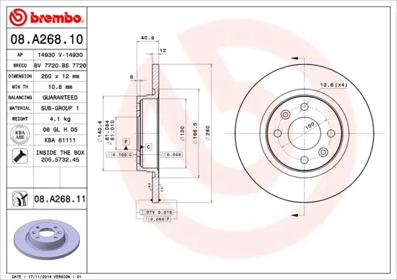 Передний тормозной диск brembo 08.A268.10