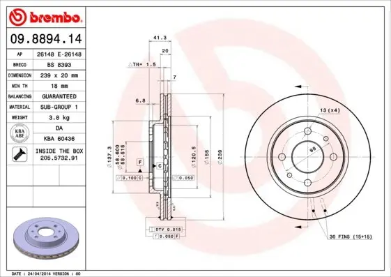 Передний тормозной диск brembo 09889414