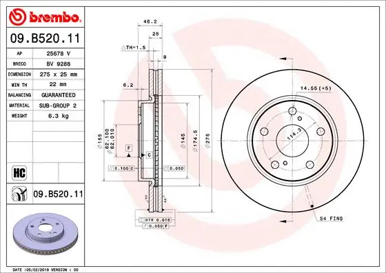 Передній гальмівний (тормозний) диск Brembo 09.B520.11 (фото 1)