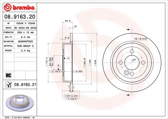 Гальмівний диск Brembo 08.9163.21 (фото 1)