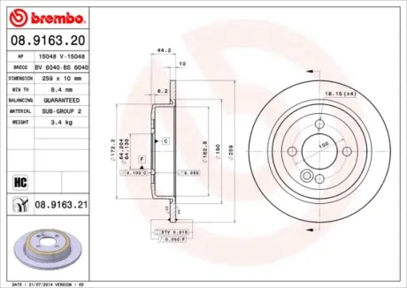Гальмівний диск Brembo 08.9163.21