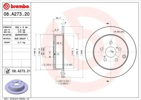 Тормозной диск brembo 08.A273.21 на Тойота Виста