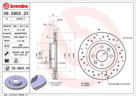 Тормозной диск brembo 0958022X Рено Megane