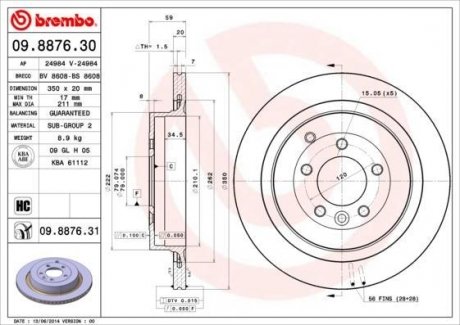 Вентилируемый тормозной диск brembo 09.8876.31