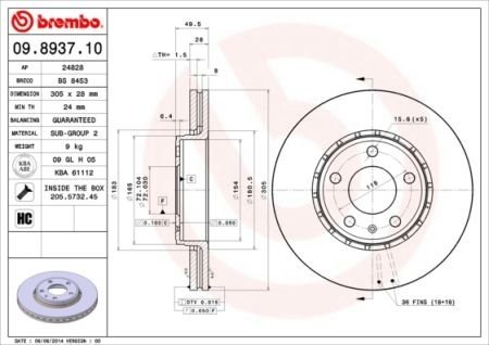 Вентилируемый тормозной диск brembo 09.8937.11