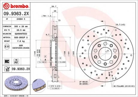 Вентилируемый тормозной диск brembo 09.9363.2X