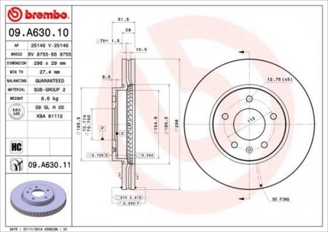 Вентилируемый тормозной диск brembo 09.A630.10