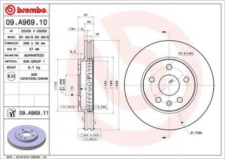 Вентилируемый тормозной диск brembo 09.A969.10