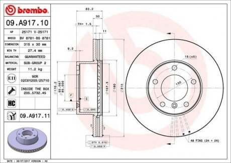 Вентильований гальмівний диск brembo 09.A917.11
