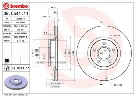 Вентилируемый тормозной диск brembo 09.C541.11