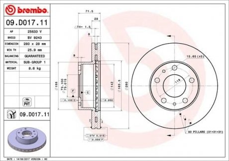 Вентилируемый тормозной диск brembo 09.D017.11