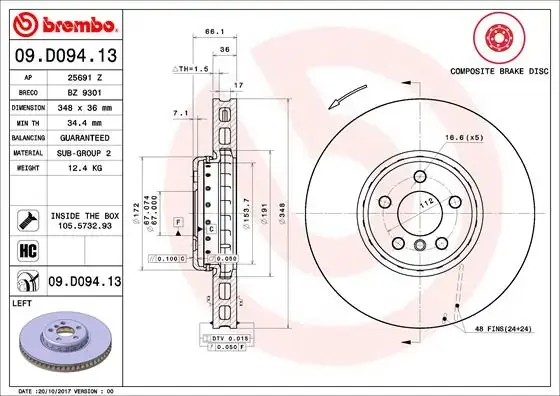 Вентилируемый тормозной диск brembo 09.D094.13