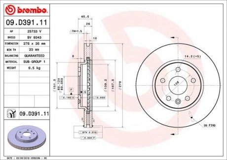 Вентилируемый тормозной диск brembo 09.D391.11