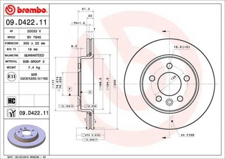 Вентильований гальмівний диск brembo 09.D422.11