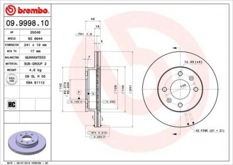 Вентилируемый тормозной диск brembo 09.9998.10