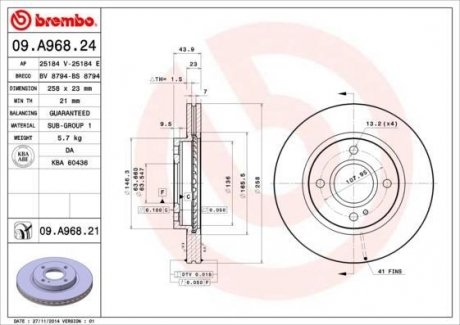 Вентильований гальмівний диск brembo 09.A968.24