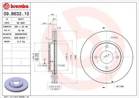 Вентилируемый тормозной диск brembo 09.B632.10