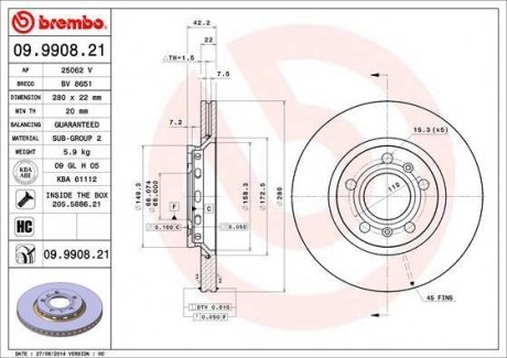 Вентилируемый тормозной диск brembo 09.9908.21