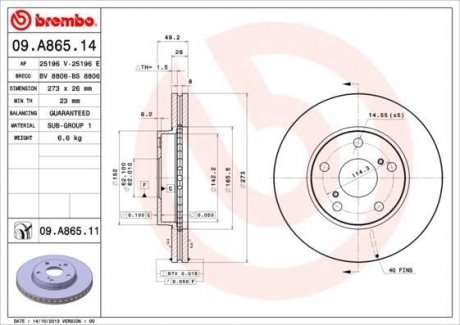 Вентилируемый тормозной диск brembo 09.A865.11