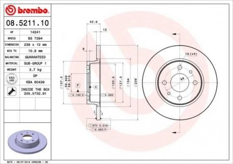 Передний тормозной диск brembo 08.5211.10