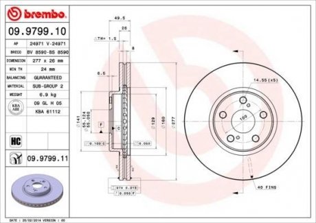 Вентильований гальмівний диск brembo 09.9799.10