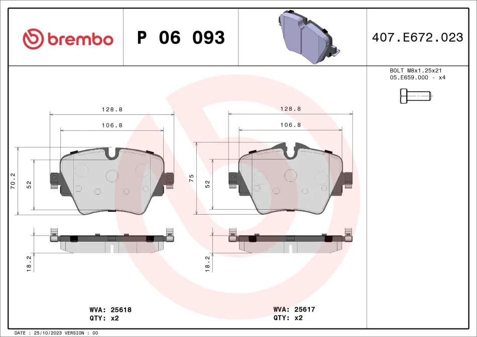 Тормозные колодки brembo P06093